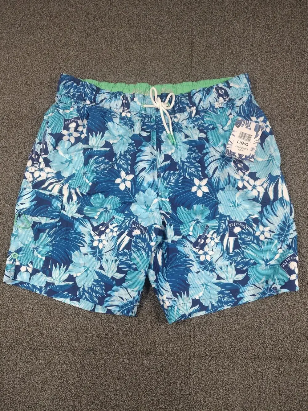 New Havana Jim Tropical Hawaiian Print Blue Flower Men Size L Swim Shorts Trunks